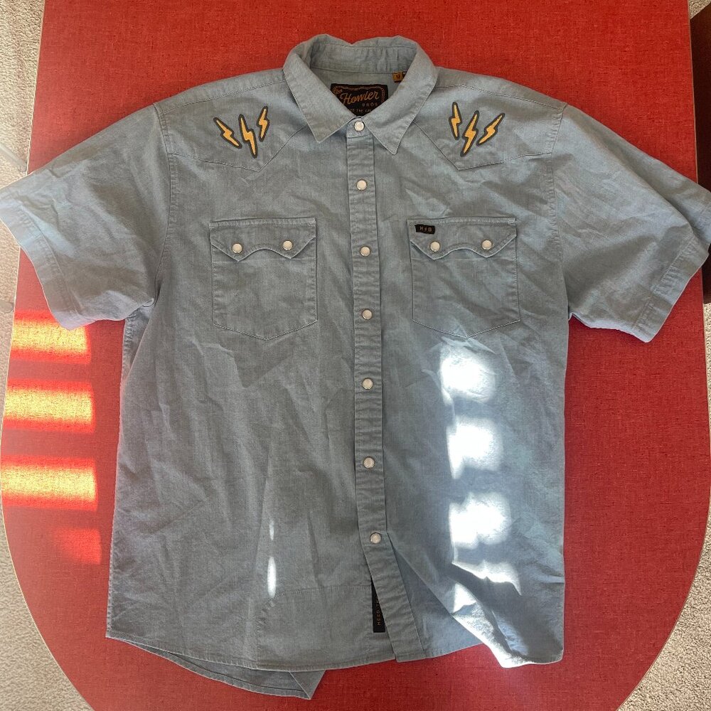 Howler Bros Men’s Pearl Snap Lightning Bolt Western Short Sleeve In Blue‎